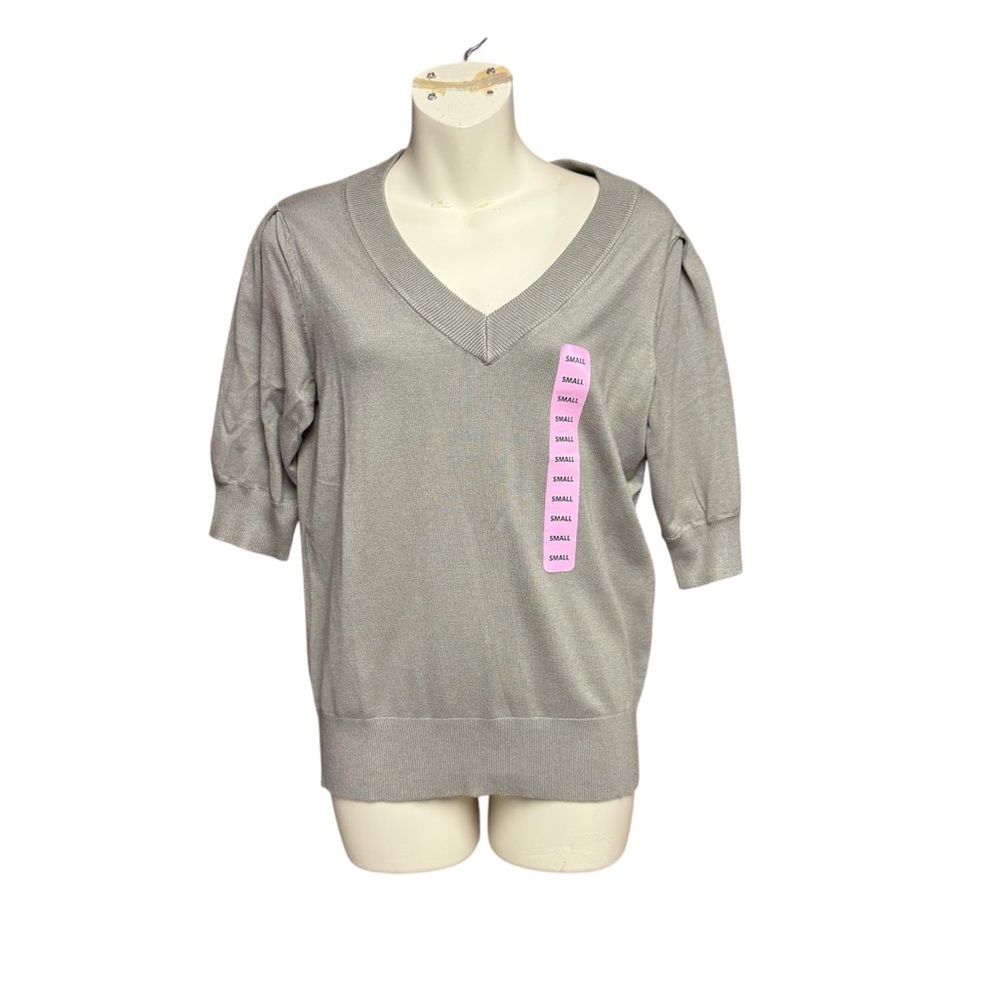 DKNY olive green V-Neck Sweater with Relaxed Fit puff sleeves NWT